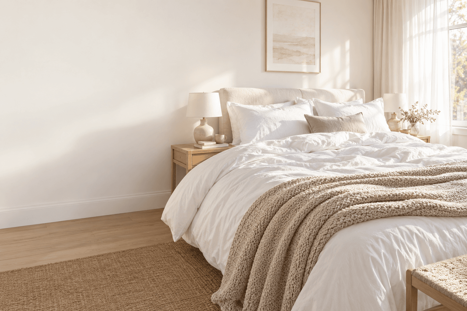 A sunlit bedroom with inviting white bedding and a soft knitted throw. Lifestyle illustration.